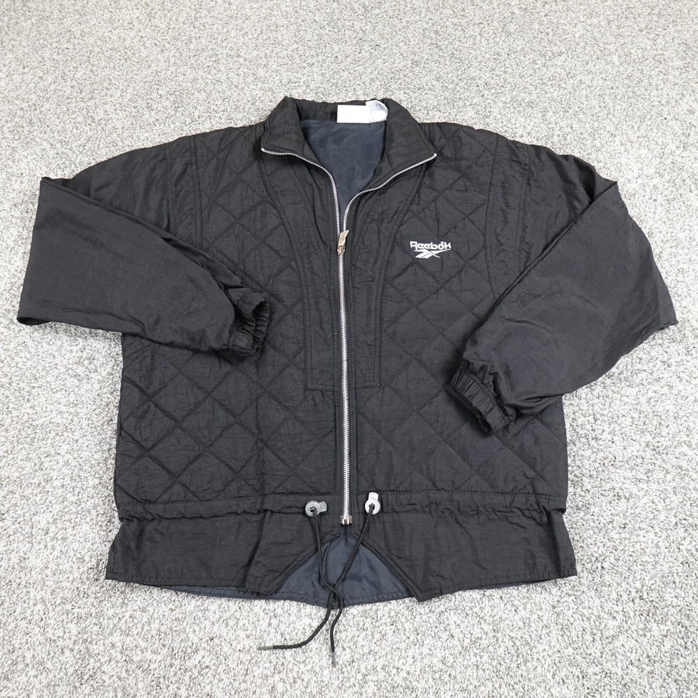 VTG Reebok Jacket Mens M Black Quilted Zip Nylon Track Coach Sports Coat 90s Y2K